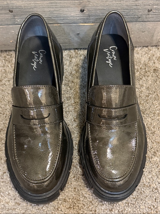 Crown Vintage Shoes - Crown Vintage Sage Metallic Olive Chunky Lug Sole Platform Penny Loafers Size 10